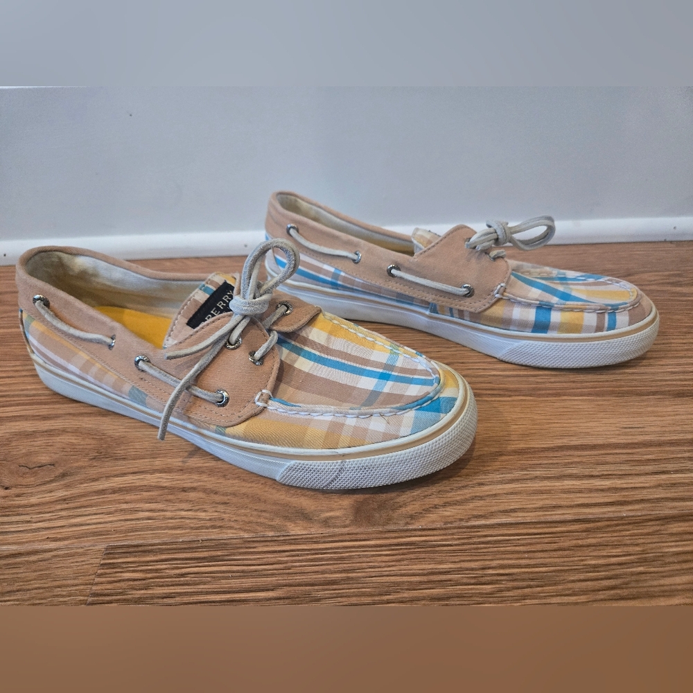 Sperry Plaid Canvas Boat Shoes Teal Tan Yellow Accents Top-sider